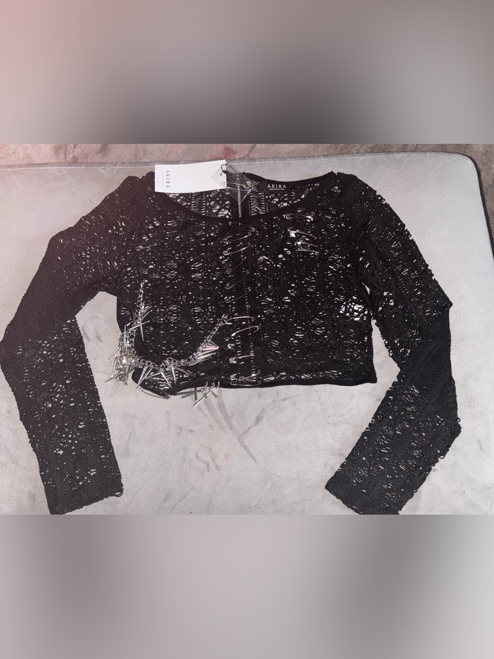 AKIRA Black Crochet Long Sleeve Crop Safety Pin and Chains Knit Top